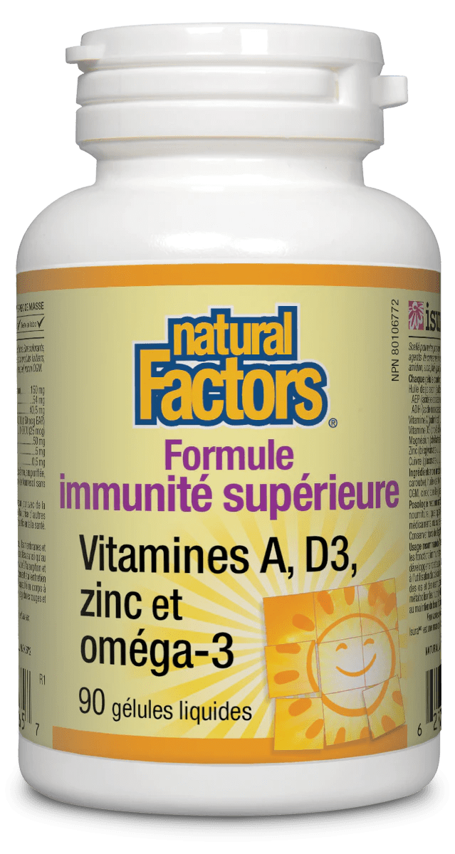 NATURAL FACTORS Suppléments Formule immunité supérieure vitamine A, D3, zinc , omega-3 90gel