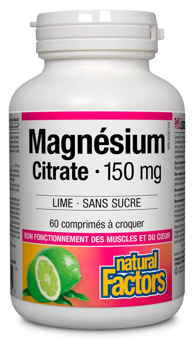 NATURAL FACTORS Suppléments Magnésium citrate lime sans-sucre (à croquer) 60comp.