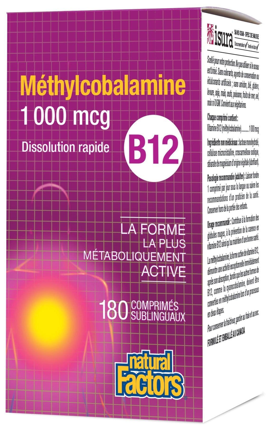 NATURAL FACTORS Suppléments Vitamine B12 méthylcobalamine (1000mcg) (sublinguale) 180comp