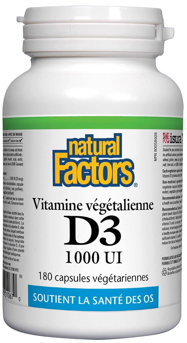 NATURAL FACTORS Suppléments Vitamine D3 (1000 UI) végétalienne 180vcaps