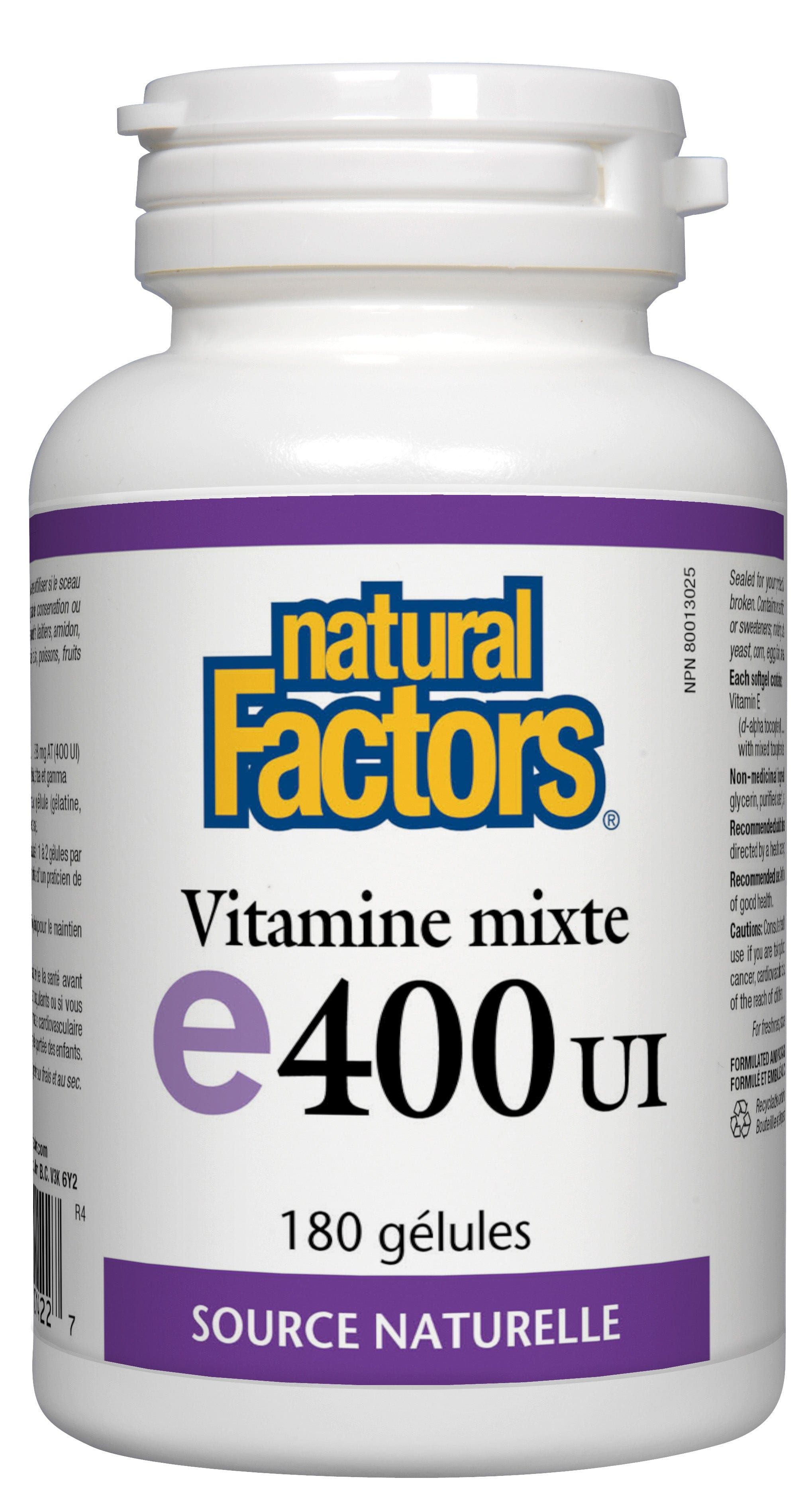 NATURAL FACTORS Suppléments Vitamine E (400 U.I.composé) 180gel