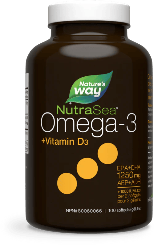 NATURE'S WAY Suppléments NutraSea Omega 3 EPA+DHA 1 250mg + vitamine D (saveur menthe fraîche) 100gel