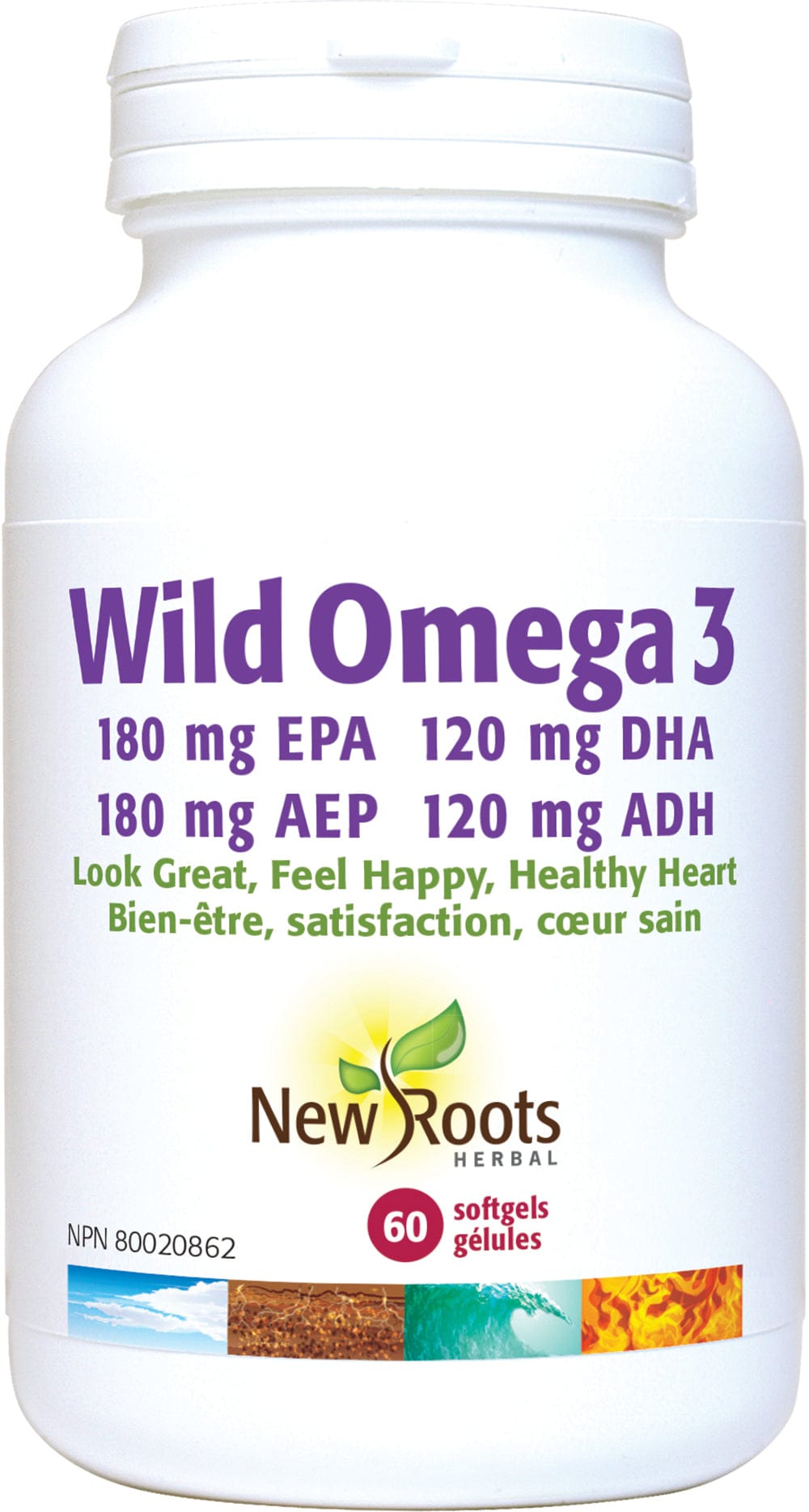 NEW ROOTS HERBAL Suppléments Wild Omega3 180mg AEP / 120mg ADH / Oméga 3 sauvage 60gel
