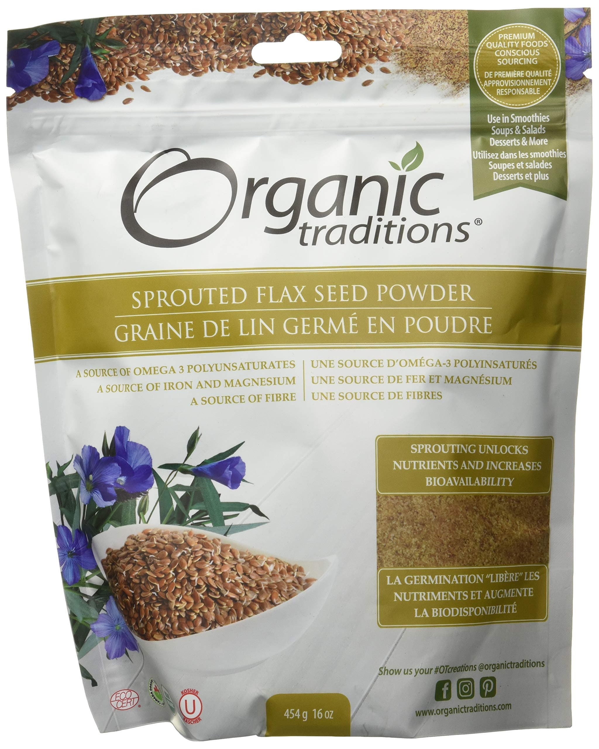ORGANIC TRADITIONS Épicerie Graines de lin germé en poudre bio 454g
