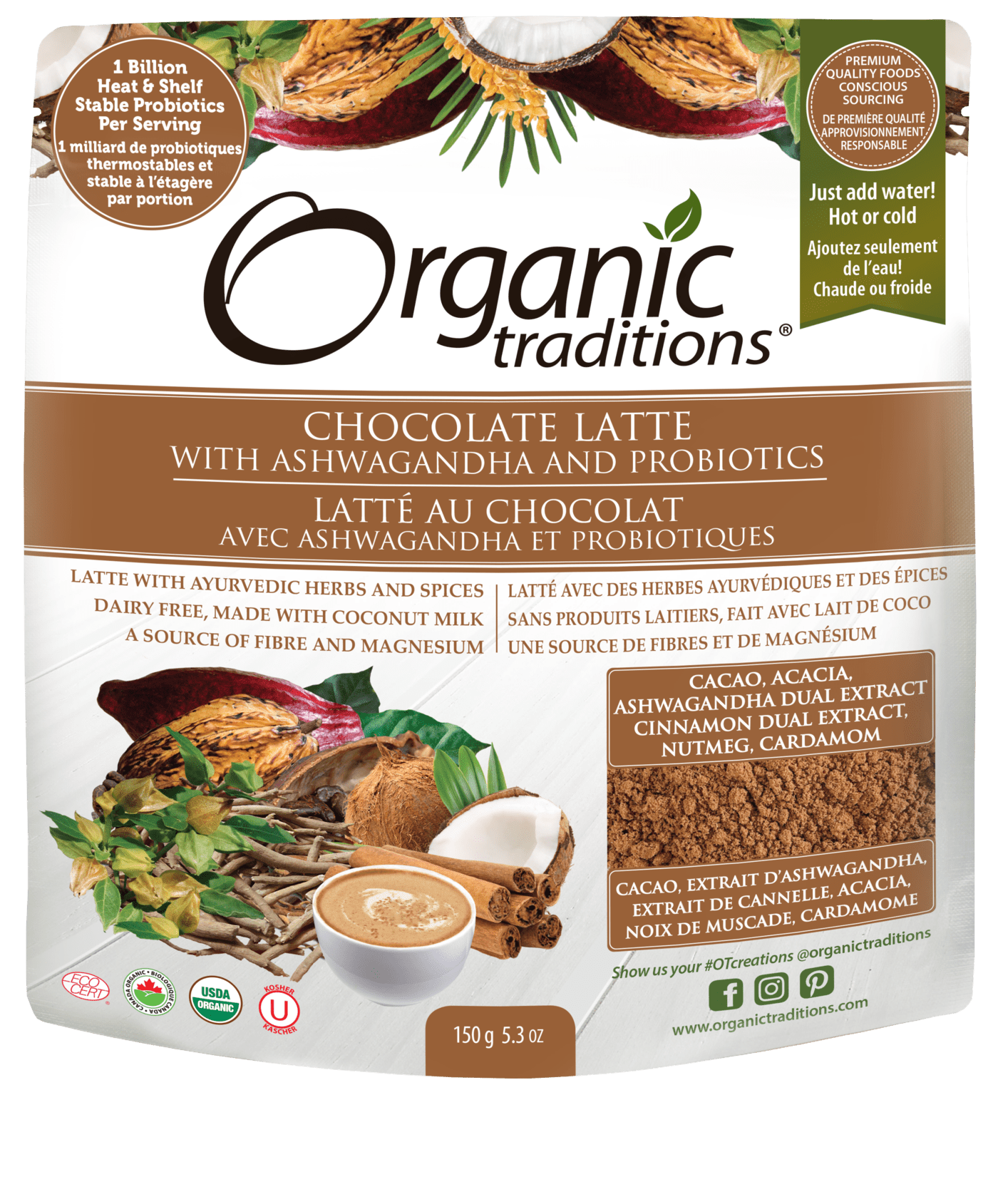 ORGANIC TRADITIONS Épicerie Latté au chocolat avec ashwagandha et probiotiques bio 150g