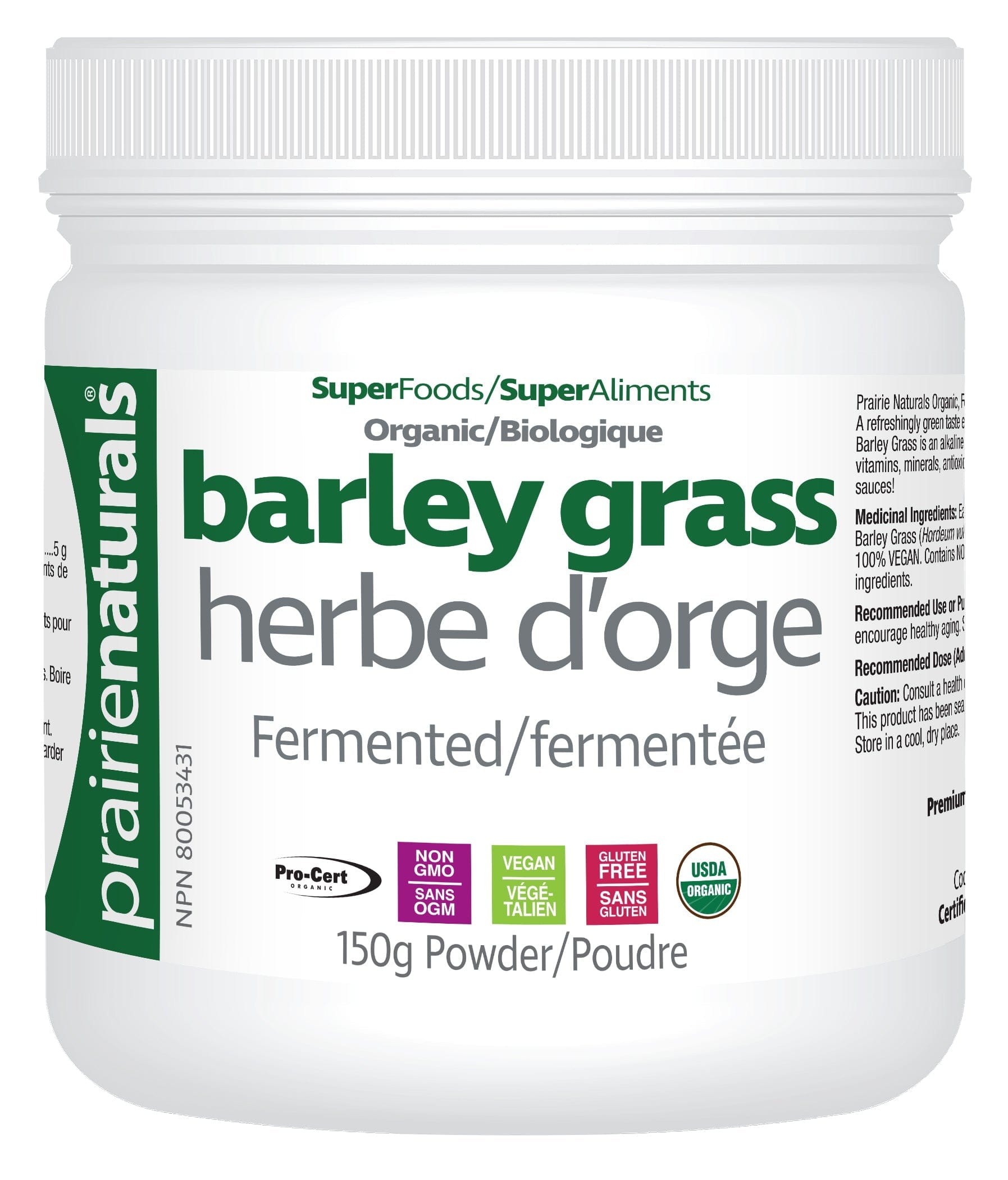 PRAIRIE NATURALS Suppléments Herbe d'orge (bio fermentée sans gluten) 150g