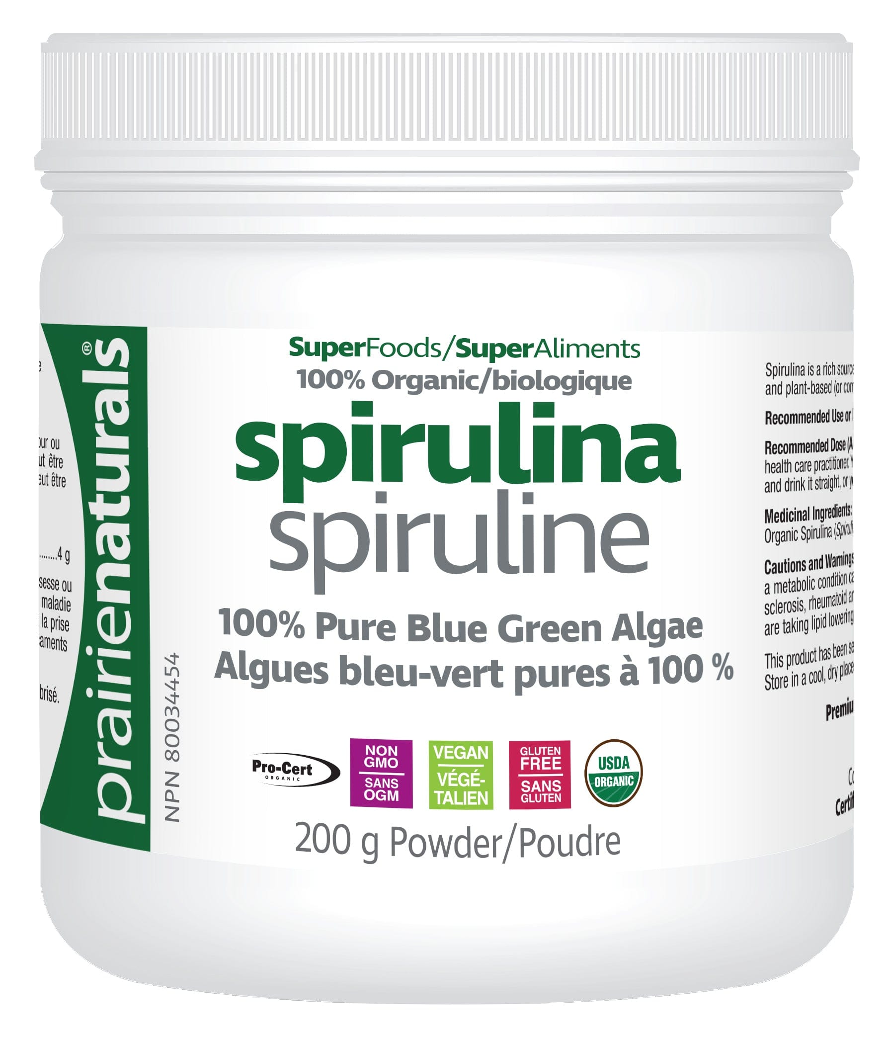PRAIRIE NATURALS Suppléments Spiruline (sans gluten, purement végétalien) 200g