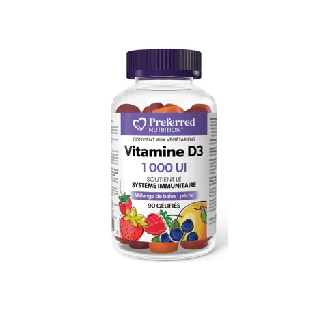 PREFERRED NUTRITION Suppléments Vitamine D3 1000UI (saveur baies/pêches)  90gummies