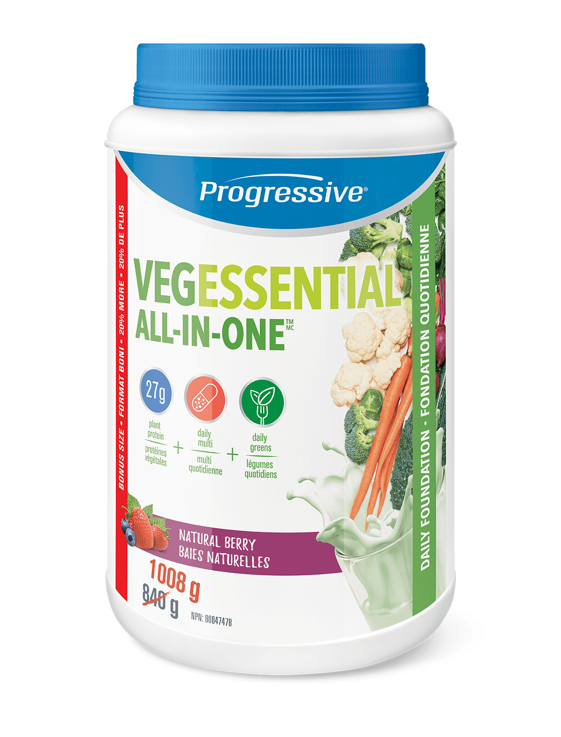 PROGRESSIVE Suppléments Vegessential (baies naturel) 840g
DATE DE PÉREMPTION : 31 DÉCEMBRE 2025