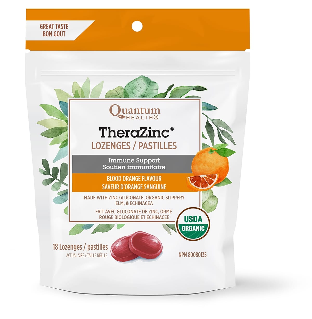QUANTUM Suppléments Pastilles bio soutien immunitaire  (saveur orange sanguine) 18past.
DATE DE PÉREMPTION : 31 DÉCEMBRE 2026