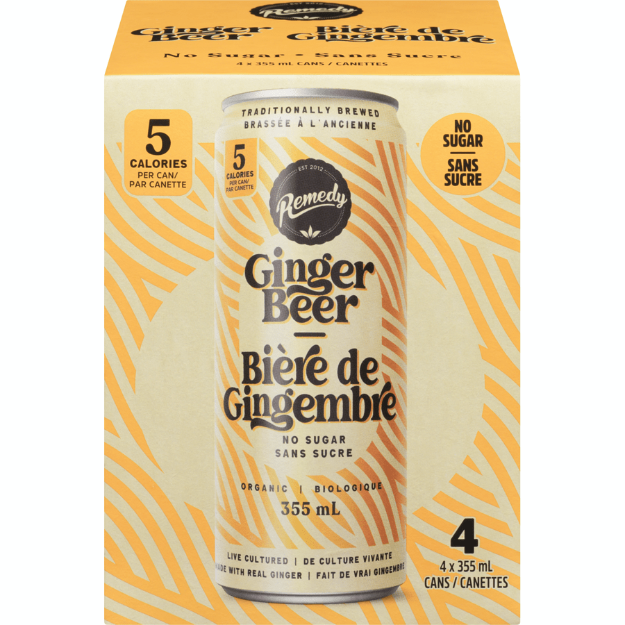 REMEDY KOMBUCHA Épicerie Bière de gingembre sans-sucre bio 4x355ml
