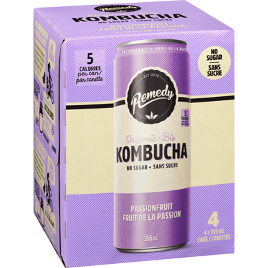 REMEDY KOMBUCHA Épicerie Kombucha fruit de la passion bio 4X355ml
DATE DE PÉREMPTION : 4 MARS 2026