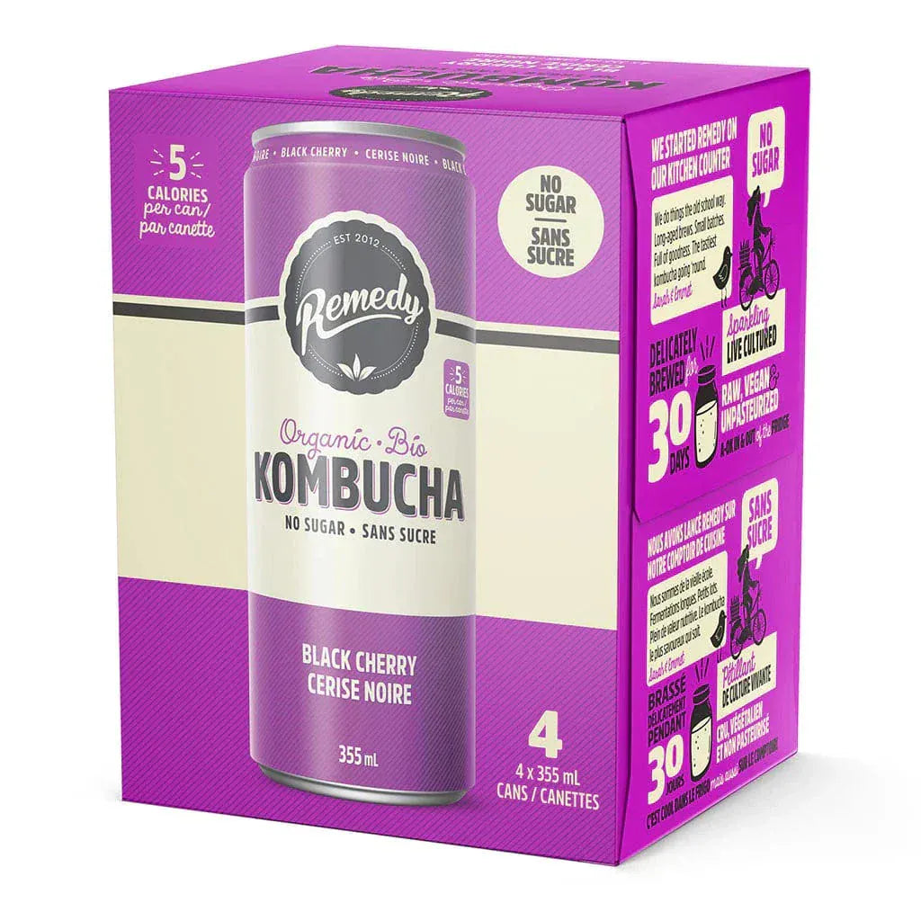 REMEDY KOMBUCHA Épicerie Kombucha sans-sucre cerise noire bio 4x355ml