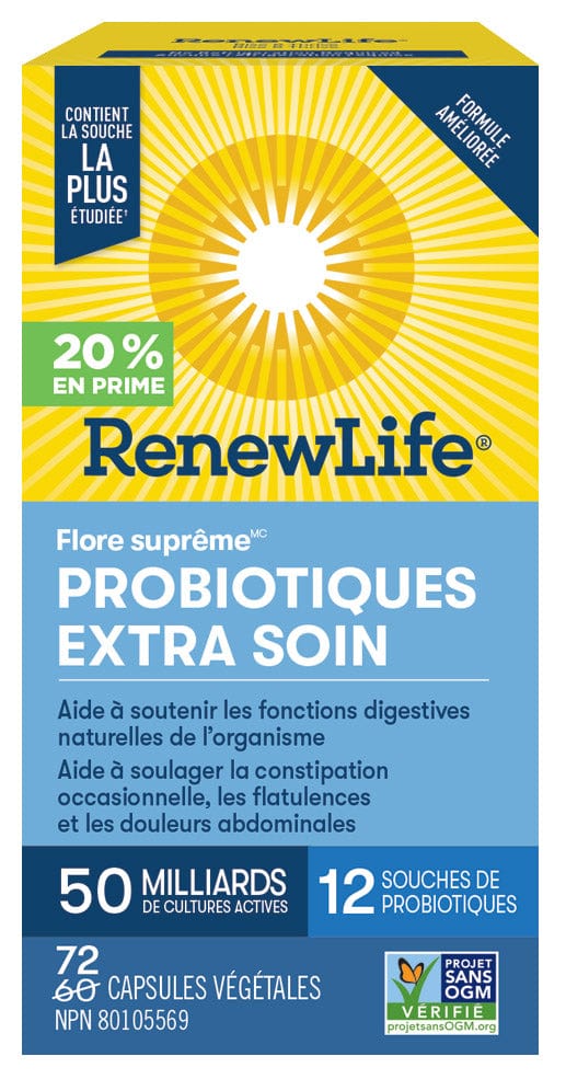 RENEW LIFE Suppléments Flore suprême probiotique extra soin  (50 milliards)   Bonus 60+12vcaps
