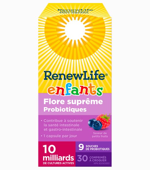 RENEW LIFE Suppléments Flore suprême probiotiques (enfants) à croquer 30comp
DATE DE PÉREMPTION : 31 AOÛT 2026