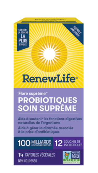 RENEW LIFE Suppléments Flore suprême probiotiques soin suprême (100 milliards)  14vcaps
DATE DE PÉREMPTION : 31 OCTOBRE 2026
