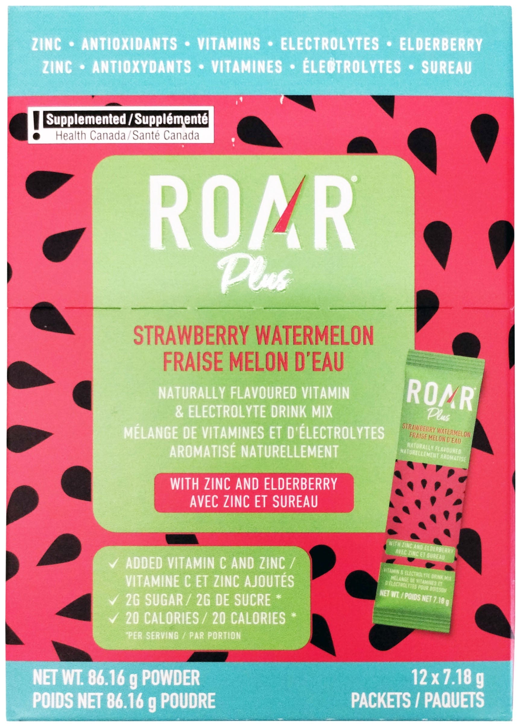 ROAR Épicerie Vitamines et électrolytes en poudre fraise melon d'eau 12x7g