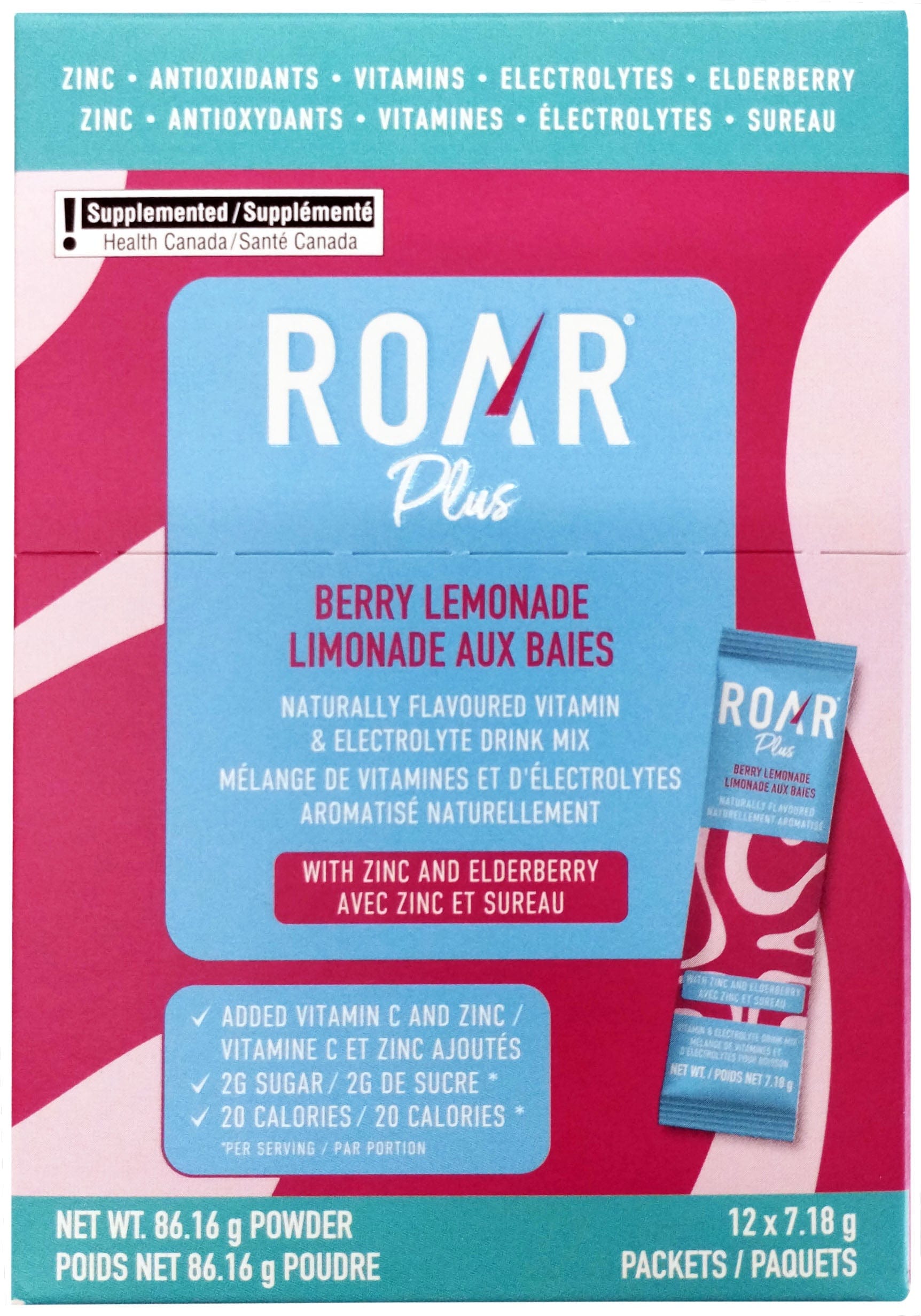 ROAR Épicerie Vitamines et électrolytes en poudre limonade aux baies 12x7g