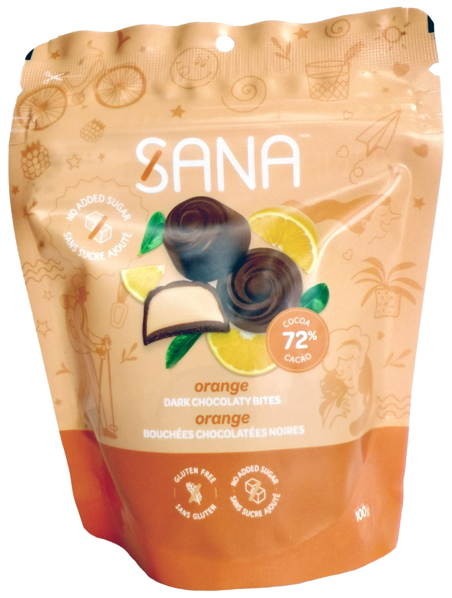 SANA Épicerie Bouchées chocolatées noires 72% à l'orange  100g