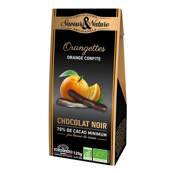 SAVEURS ET NATURE Épicerie Orange confite enrobée chocolat noir bio 125g