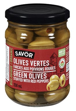 SAVÖR Épicerie Olives vertes farcies aux poivrons rouges bio 250ml