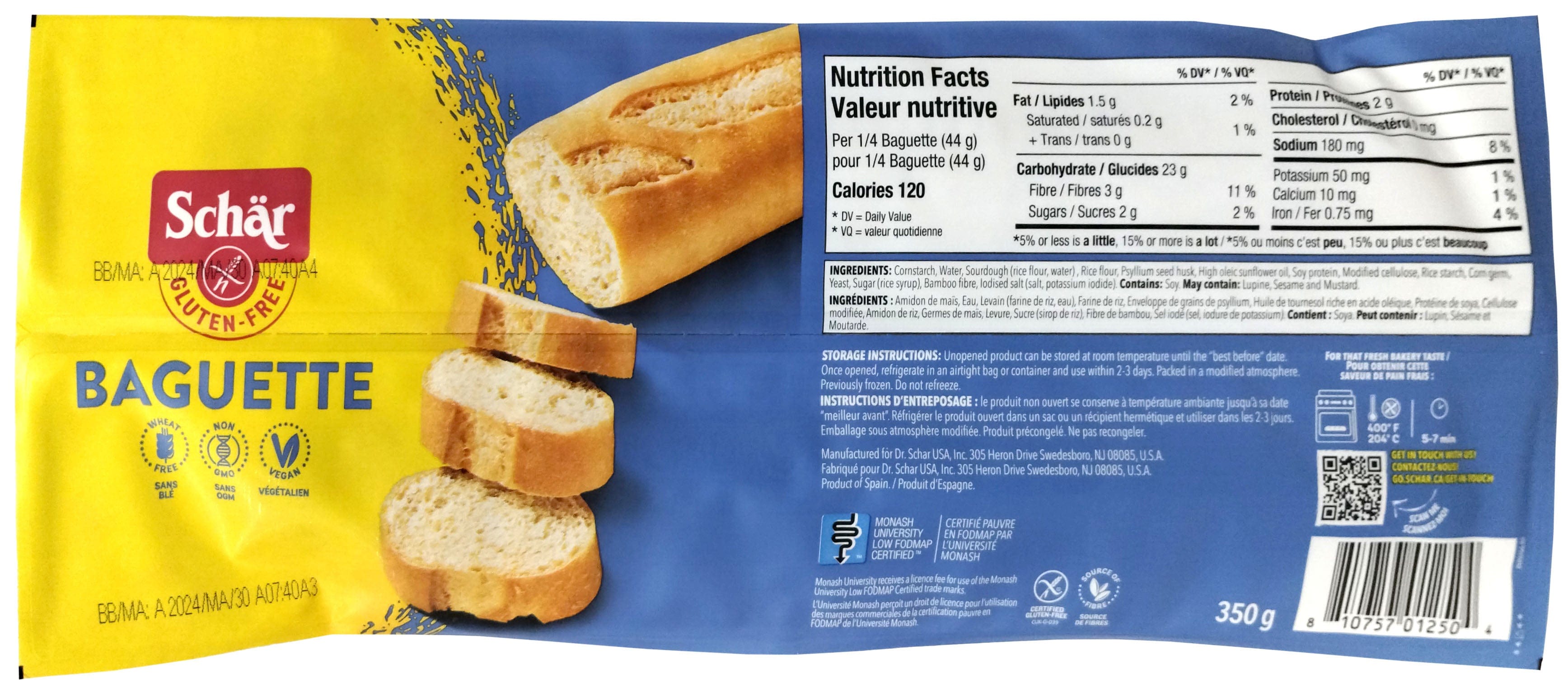 SCHÄR Épicerie Pain baguette 350g
DATE DE PÉREMPTION : 1 JUIN 2025