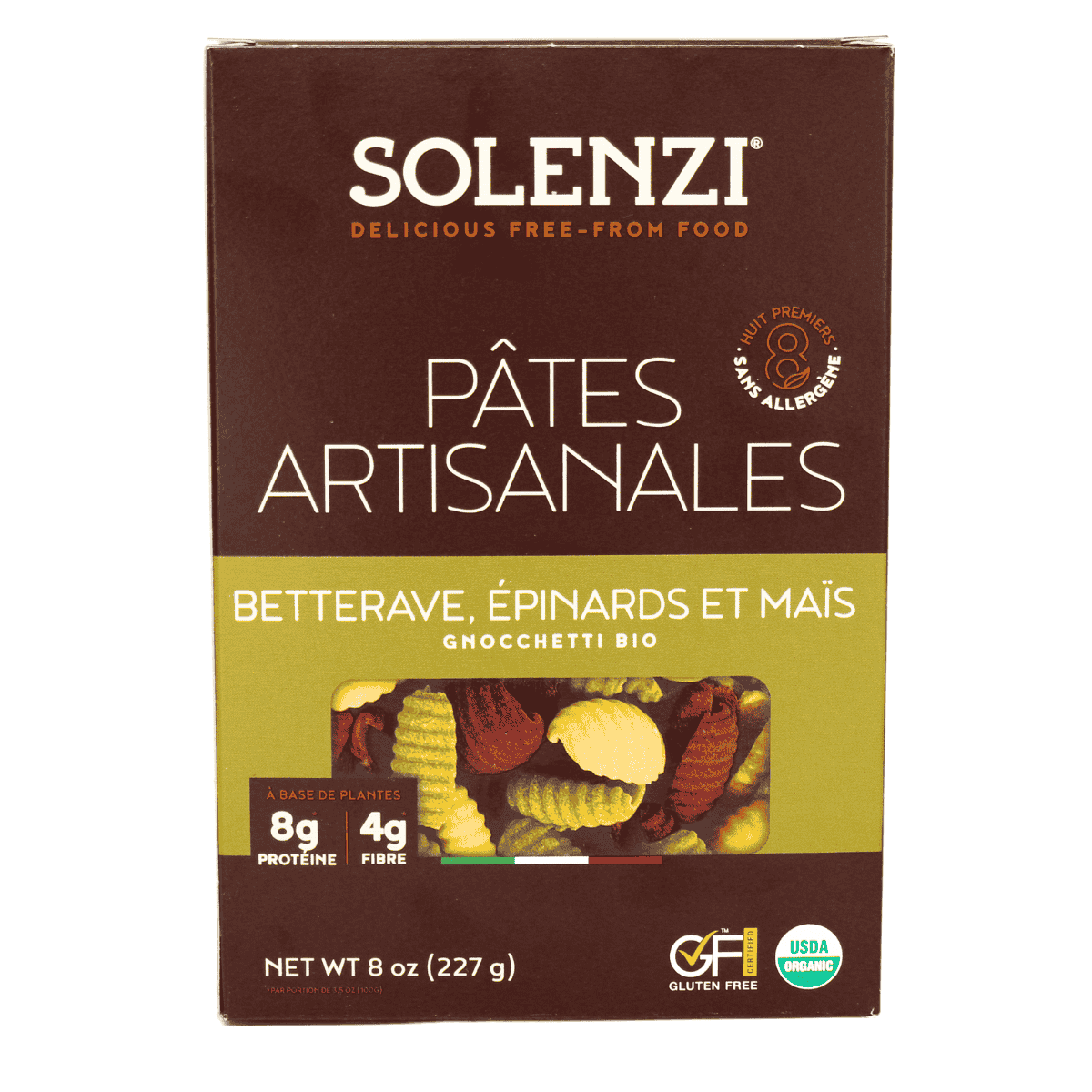 SOLENZI Épicerie Pâtes gnocchetti betterave, épinards et maïs bio 227g