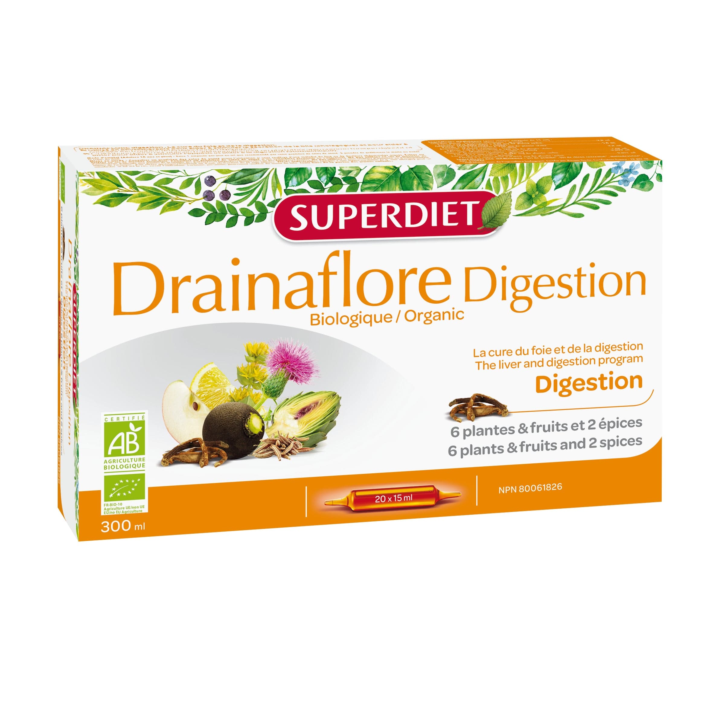SUPERDIET Suppléments Cure drainaflore digestion bio 20x15ml