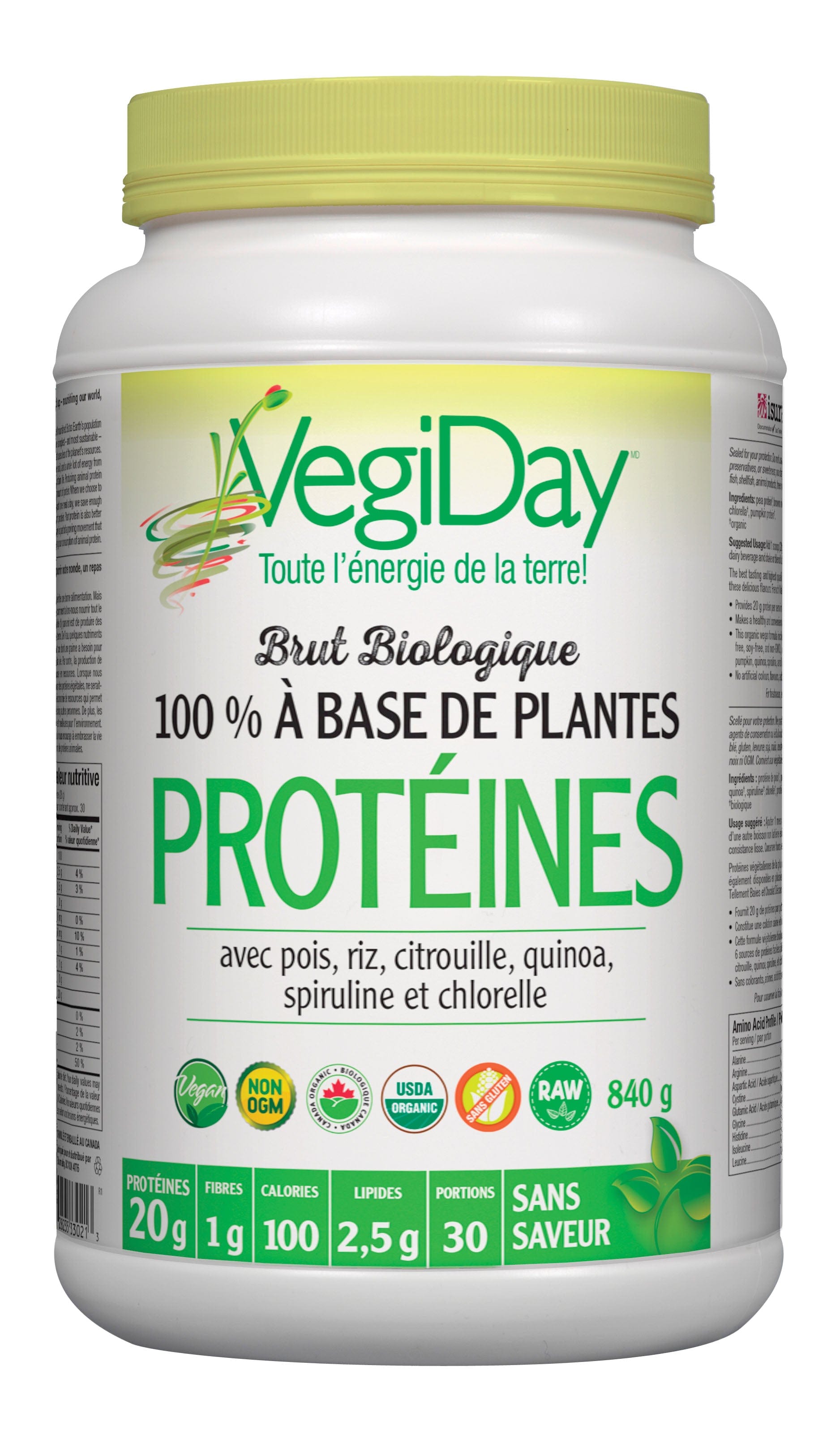 VEGIDAY Suppléments Protéines crues bio Sans-saveur 840g