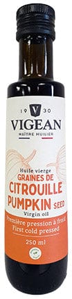 VIGEAN Épicerie Huile vierge de graines de citrouille 250ml
DATE DE PÉREMPTION : 31 AOÛT 2025