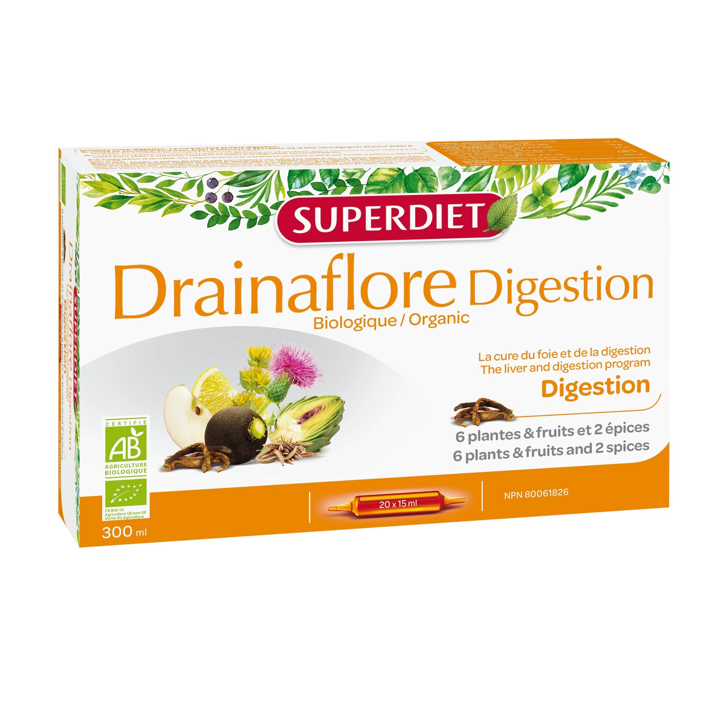 SUPERDIET Suppléments Cure drainaflore digestion bio 20x15ml